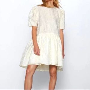 Zara Mini Dress Voluminous Textured Short Sleeve Drop Waist Ivory Women’s Small